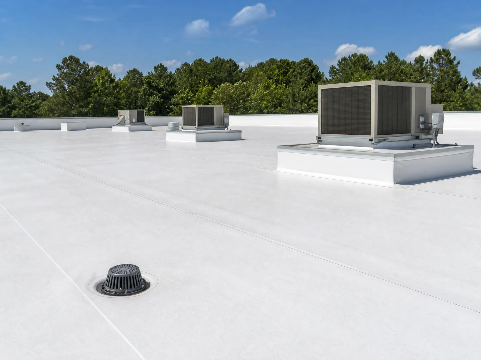 White TPO membrane roof on a North Carolina commercial property with welded seams and rooftop curbs
